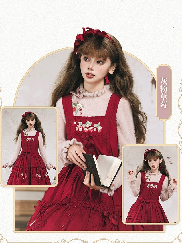 ダスティオータム刺繍のストロベリーリボンニット（ネックライン、トップス、カフス、ピンク）