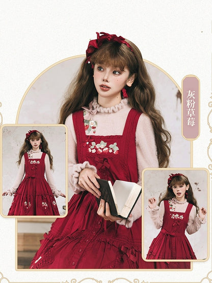 ダスティオータム刺繍のストロベリーリボンニット（ネックライン、トップス、カフス、ピンク）