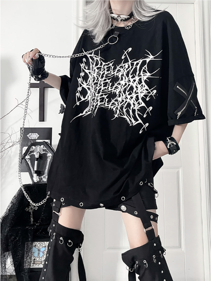 Thorn Gothic T-Shirtwith Chain Loose PrintDetachable White Black