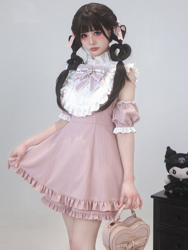 Jirai Dress Sleeve Shorts Convertible with Kei Set: 3-Way Pink Striped