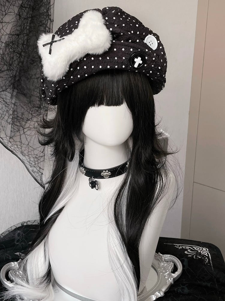 Decorated Black/White Plush Bone With Polka-dot Button Beret Pattern Hat