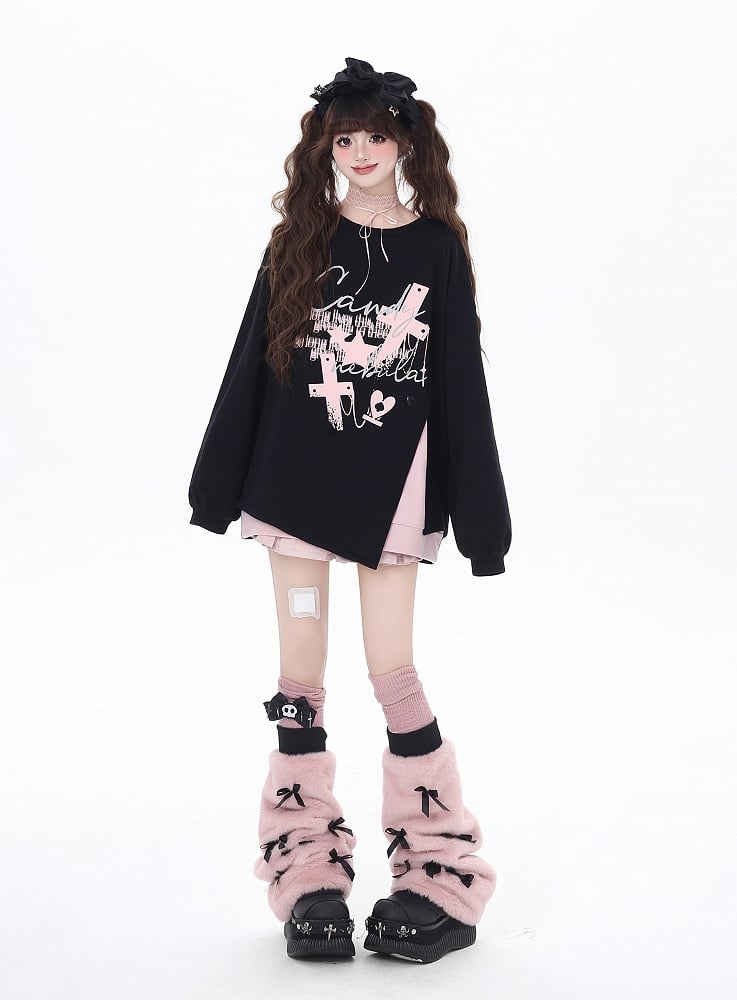 Rosa/schwarzes Sweatshirt mit seitlichem Kreuzschlitz und großer Schleife auf der Rückseite