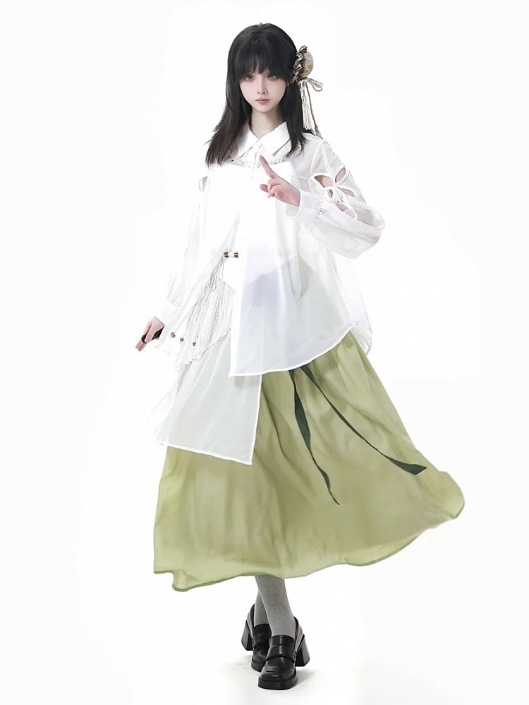 Style Green Cheongsam Elastic Waist Long Skirt with Waist Belt