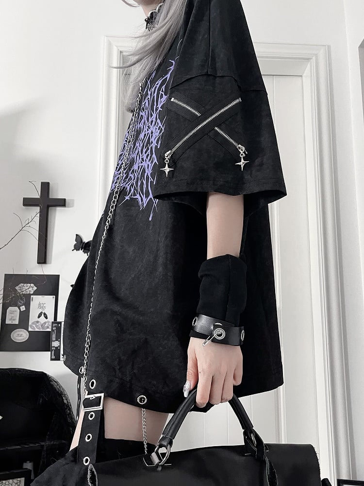 T-Shirtwith Gothic Loose ChainPurple Black Detachable Thorn Print