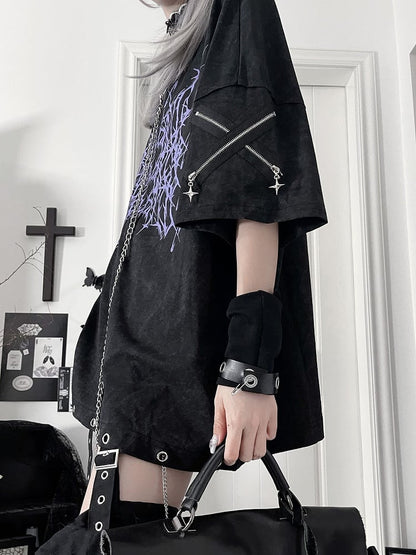 T-Shirtwith Gothic Loose ChainPurple Black Detachable Thorn Print