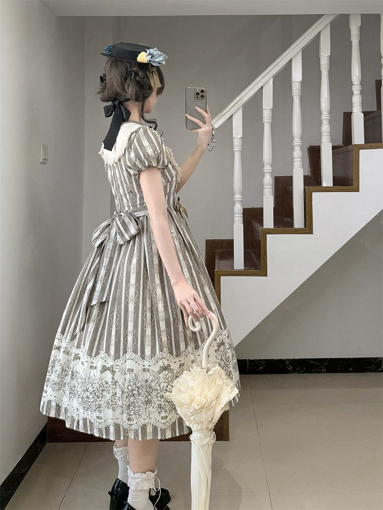 Bodice Pattern and Bowknot Lolita Piece Classic Embroidery Version Brown Long One Striped Floral