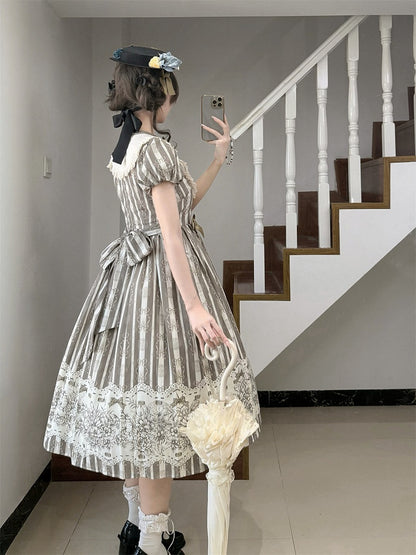 Bodice Pattern and Bowknot Lolita Piece Classic Embroidery Version Brown Long One Striped Floral