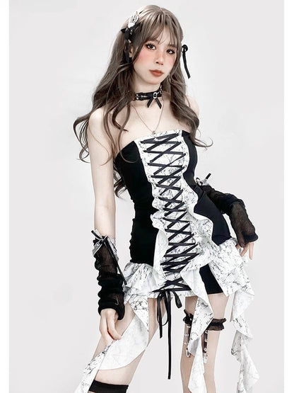 Strapless BlackWhite Glamorous Y2K Trim Lace-up Cascading Detail Dress Ruffle