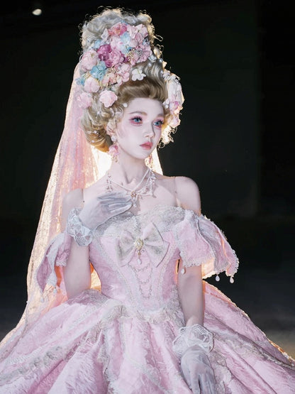 Version Details Ruffles Hanayome Pink Short with and Layered Hime Gown Bow Lace Lolita Off-Shoulder