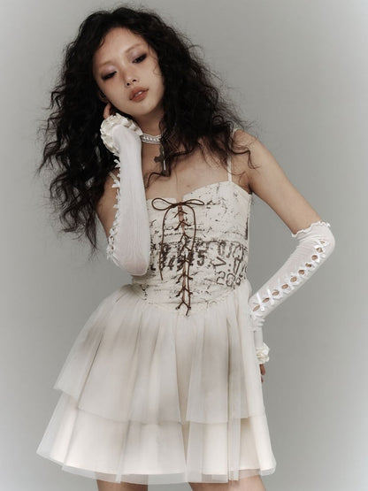 Punk Slip Crisscross Dress Lacing Tiered White with Tulle Skirt Distressed