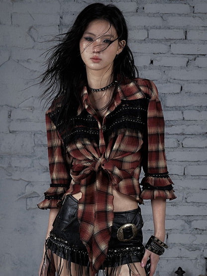 ウェイストランドシャツパターンパンクトリムチェック柄レースレッド