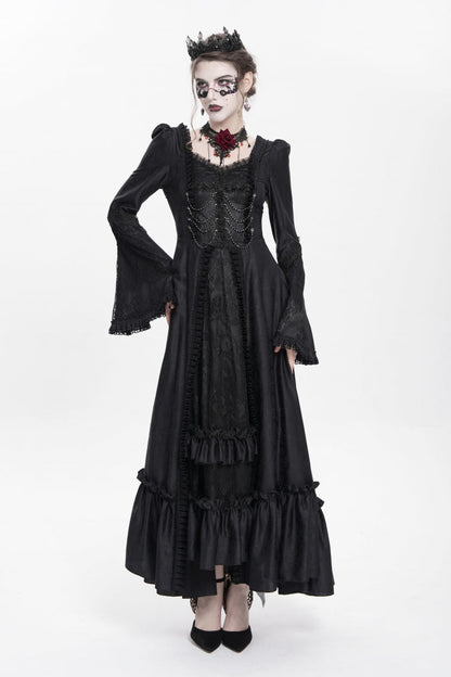 Black Long Sleeve Floral Embroidery Lace-Up Pleated Gothic Dress