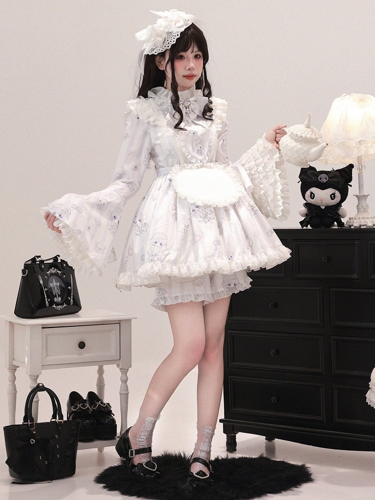 Jirai Kei Light Blue Printed Maid Ensemble - Tiered Bell Sleeve Dress with Detachable Apron & Matching Shorts