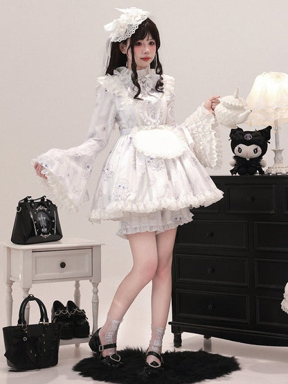 Jirai Kei Light Blue Printed Maid Ensemble - Tiered Bell Sleeve Dress with Detachable Apron & Matching Shorts