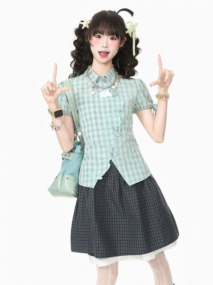 Green Plaid Short Sleeve Shirt with Kitty Embroidery - Languid Park