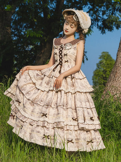 Beige & Brown Floral Print Tiered Ruffles Elegant Classic Lolita Dress with Plaid-Patterned Collar
