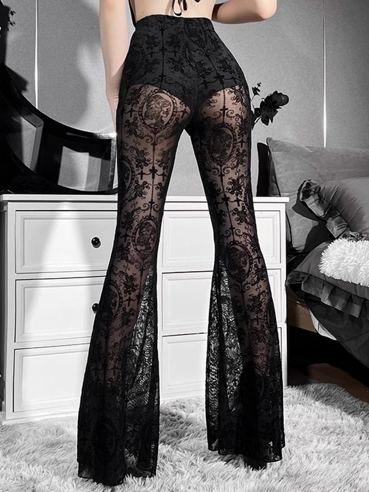 Semi-Sheer with Black Flare Pants Cross Gothic Embroidery Lace