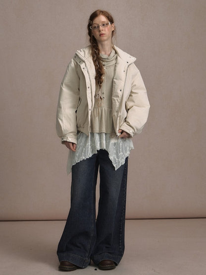 Dark Gray/Beige Cozy Short Down Jacket Fur Faux with Detachable Collar