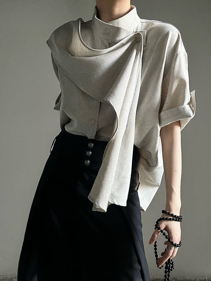 Short Shirt Unisex Collar Extended Sleeve Stand with Beige