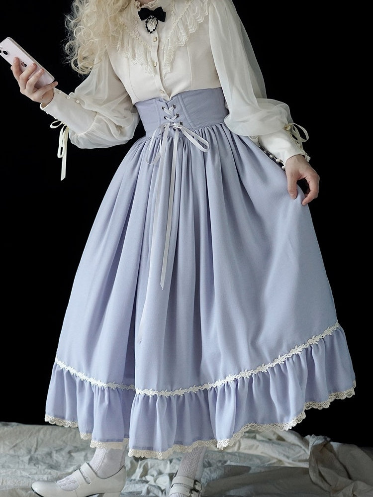 Light Gray Boned High Waist Elegant Classic Lolita Skirt with Lace Trim