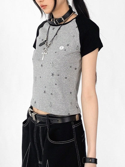 2-Color Colorblock Short Sleeve T-Shirt with Star and Teardrop Print - innomoood