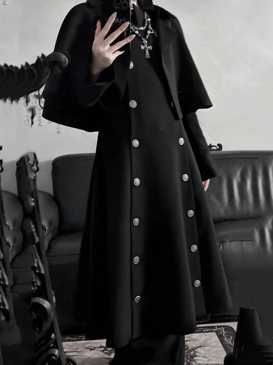 Design / Coat Black Detachable Cape Trench Gray Double-Breasted