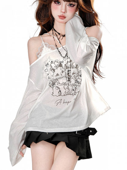 Schwarz/weißes, halbtransparentes Oberteil mit asymmetrischem Ausschnitt und langen Ärmeln