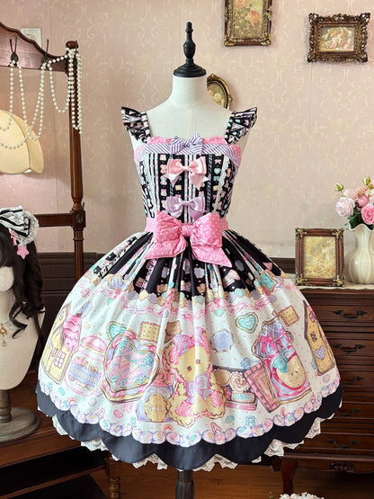 Charcoal Lace Bear-Print JSK with Bow Accents - Sweet Dream Shop