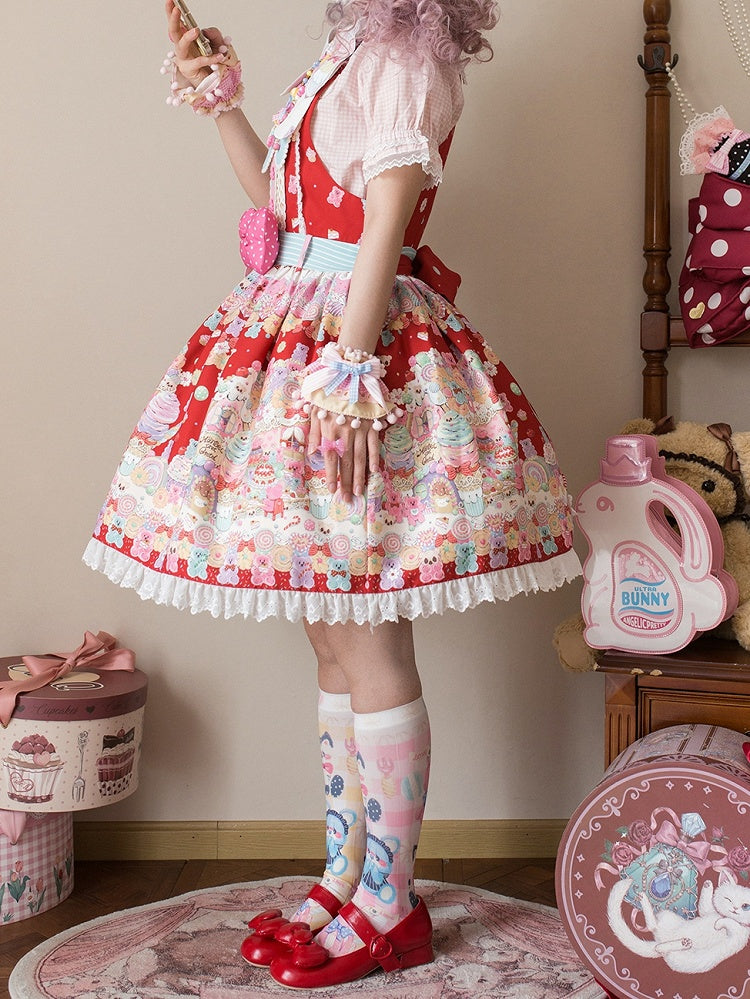 オーバーオールスイートデザートレッドグミプリントとクマのロリータドレス