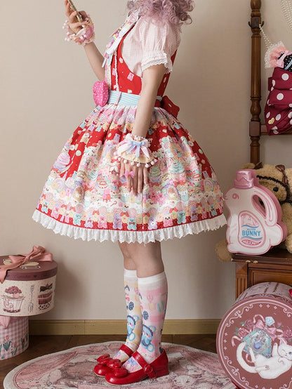 オーバーオールスイートデザートレッドグミプリントとクマのロリータドレス
