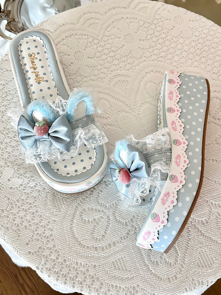 Plush Platform Trim Ear Blue Bunny Slippers Bow Accents Lolita Lace Sweet