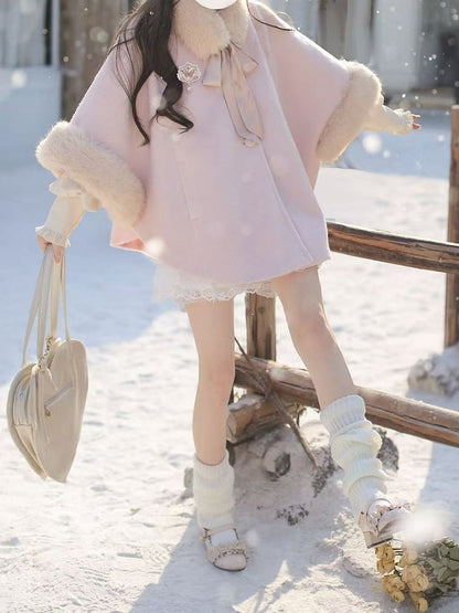 Self-tie Pink Wool Cape Coat with Detachable Shaggy Collar Sweet