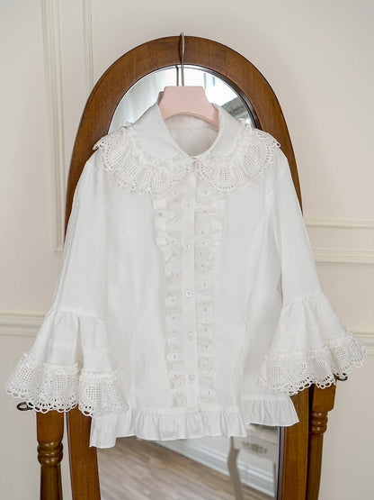 ホワイトラウンドフラットカラーベルスリーブコットンブラウス