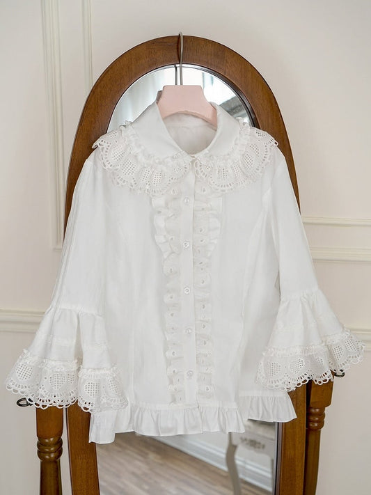 ホワイトラウンドフラットカラーベルスリーブコットンブラウス