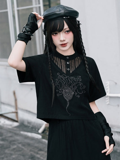 Dark Lace Patch Top with Sea Lily Stitching - Quirky Hut