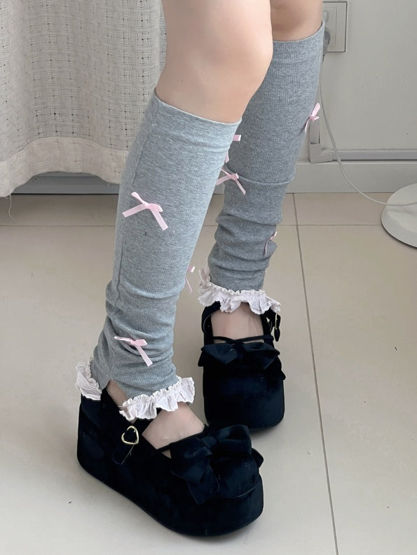 ダークグレーのブロケット リボン結び フリル袖口 レッグウォーマー