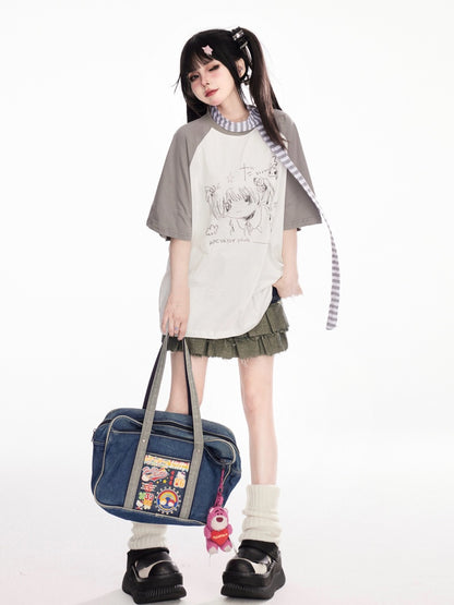 Anime Girl Graffiti T-Shirt Scarf with Striped Grey Colorblock Design