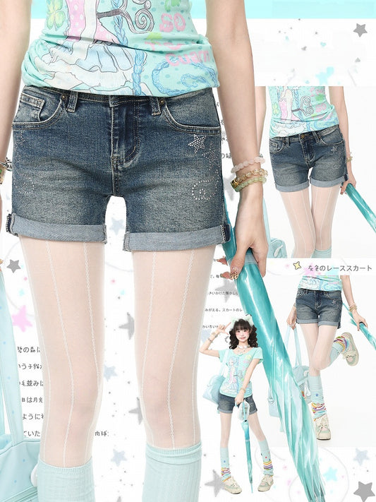 Blue Straight-Leg Denim Shorts with Star Rhinestone - Languid Park
