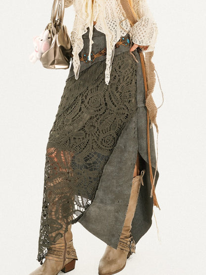 Lace Patchwork Vintage Green Asymmetrical Knit Skirt with Cutout