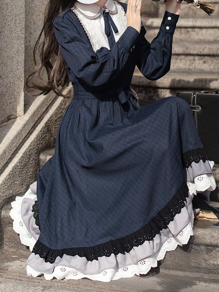 Ärmel Ein Blaues Klassisches Plaid mit Elegantem Lolita Long in Piece Taillengürtel Navy