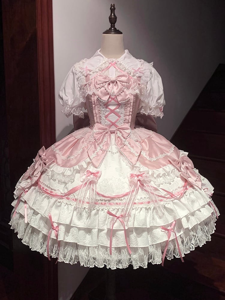 Bows Tiered Decorated Sweet Skirt and Chain Bead Pink White