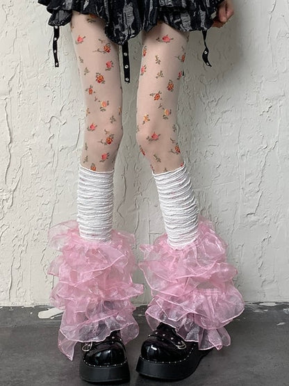レーススリーブ マルチレイヤートリム Y2K ホワイトピンク レッグ
