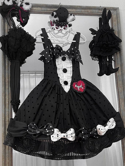 Black White Polka Dot Gothic Lolita Jumper Skirt with Bows Striped Hem - Tan Tuan
