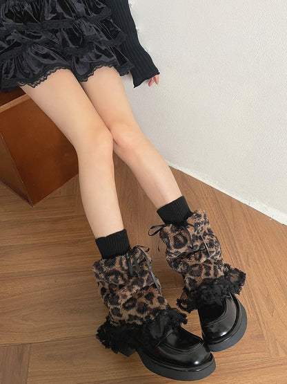 Leopard Warmers Flared Y2K Leg Print Lace Trim
