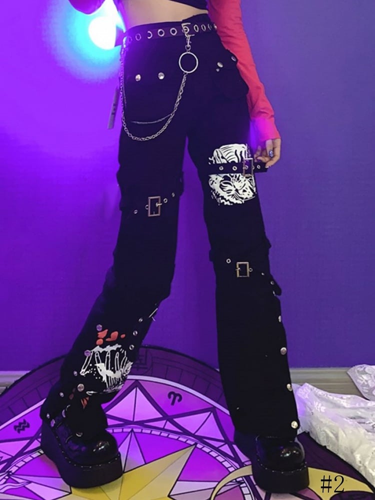 Straps Black Pants Y2K Straight-leg with Buckle
