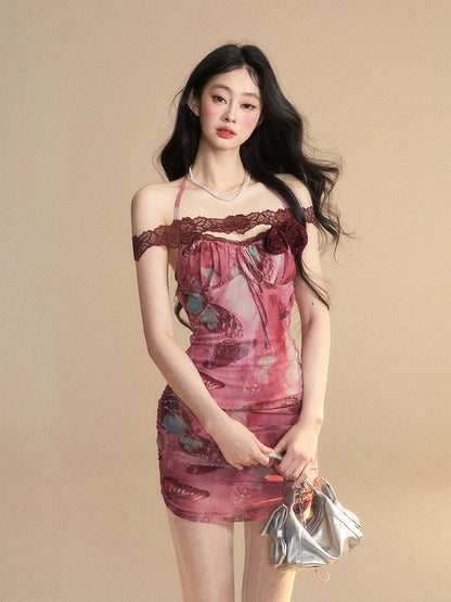 Dress Neck Accents Rosette Red Halter Rose Butterfly Print Backless Bodycon Mini