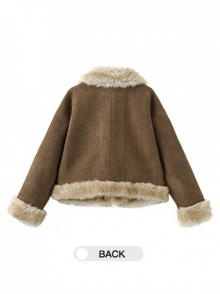 Fashion Toggle Front Coat Khaki Suede Fur Millard Trim with Faux Short