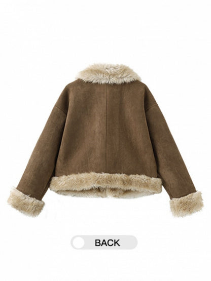 Fashion Toggle Front Coat Khaki Suede Fur Millard Trim with Faux Short