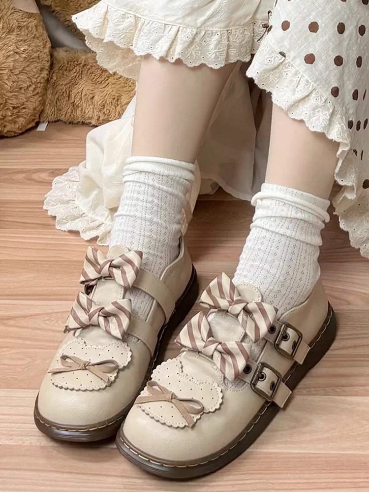 Details Design Beige Bär gestreifte Flats Bowknot Lolita Muster