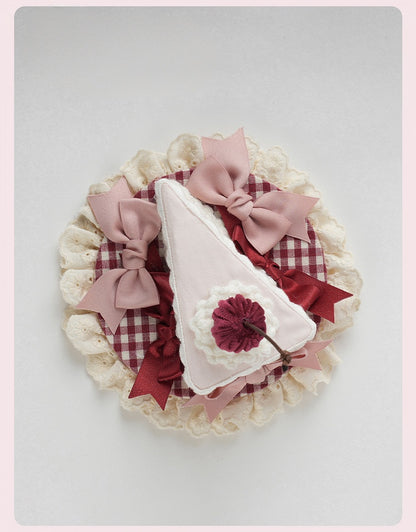 Sweet Lolita Pink Bow Ruffled Trim Red Cherry Triangular Cake Mini Hat